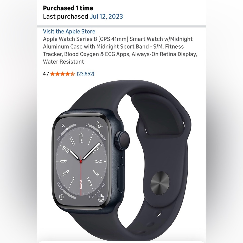 Apple Watch 8 41mm Midnight Aluminum Case with Sport Band, S/M